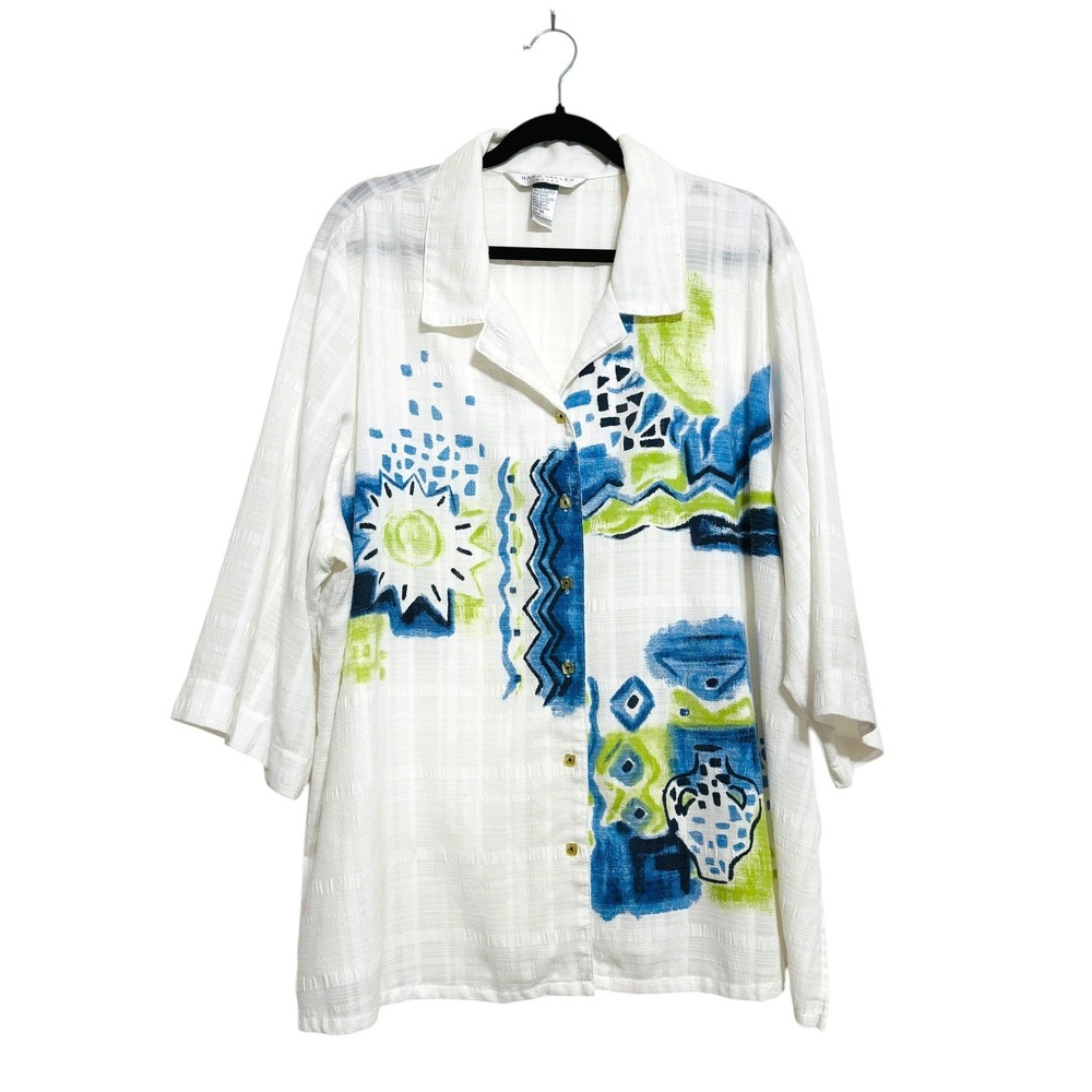 Vintage Napa Valley Woman Sz 3X Abstract Art Button Down Shirt White Blue Green
